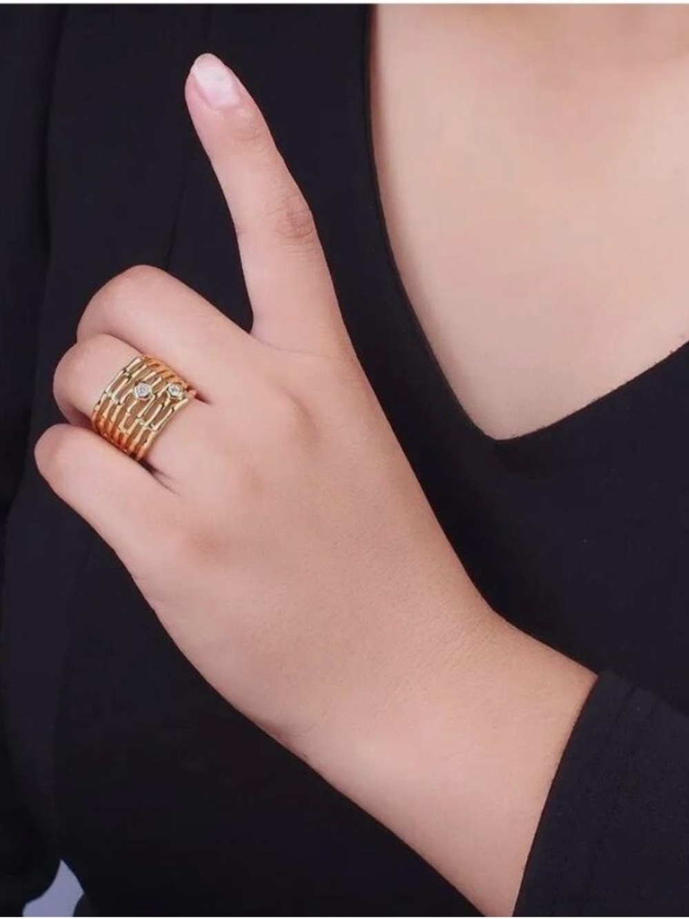14K Gold Plated Wide Multiple Bamboo Geometric CZ Band Statement Ring Adjustable - Picture 2 of 5